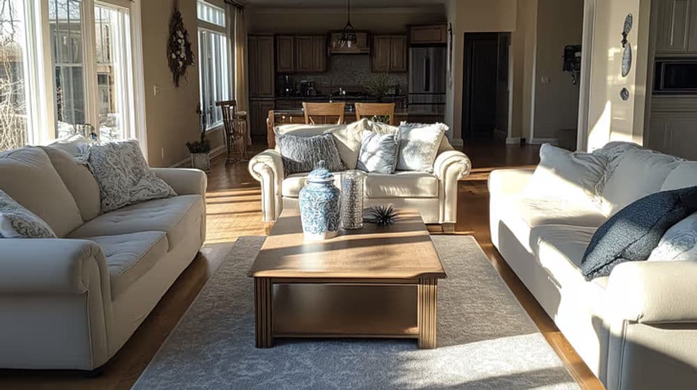 Bright living room with light sofas, wooden coffee table, and cozy decor.